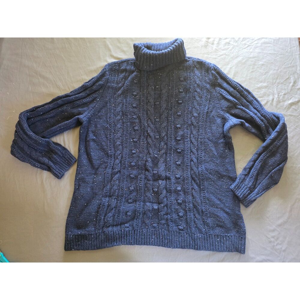 Lands End XL Tall 18 Navy Blue Cable Knit Turtleneck Donegal Fleck Sweater